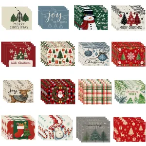 Linen Christmas Place Mats Snowman Santa Reindeer Pattern Heat Resistant Non-Slip Table Mats For Holiday Dining Kitchen Decor