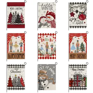 Christmas Garden Flag Linen Double Sided Yard Nutcracker Snowman Flag Winter Holiday Outdoor Party Decorative Hanging Flag