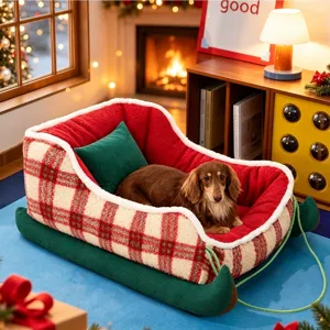 Christmas Sledge Shape Pet Bed For Small Medium Dogs Cats Winter Warm Plush Dog House With Soft Cushion Plaid Pattern Pet Sleeping Nest