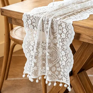 Franse Luxe Kant Tafelloper Opengewerkt Bloemen Tafelkleed Met Kwastjes Elegante Eetkamer Koffietafel Decoratie Hoes