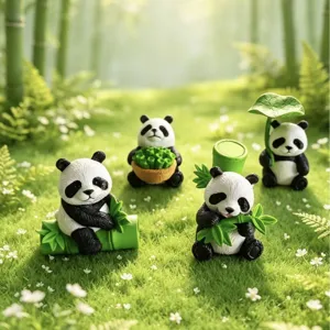 Cute Lotus Leaf Bamboo Panda PVC Figurine Micro Landscape Ornament For DIY Succulent Potted Plant Desktop Garden Decoration Home Accessory