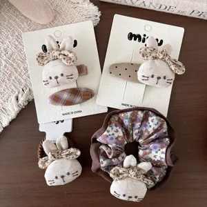 Ensemble de Barrette et Élastique à Cheveux Lapin Brodé 3D Style Mori Girl pour Enfants Accessoires de Coiffure en Coton et Lin
