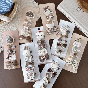 Sweet Cartoon Rabbit Bow Hair Clip Set For Girls Coffee Brown Plaid Fabric Snap Hairpins Toddler Hair Accessories Handmade