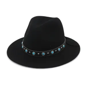 Chapeau Fedora en Laine Vintage pour Femmes Hommes Rétro Jazz Casquette avec Ceinture Rivet Turquoise Automne Hiver Chaud Chapeau Melon Mode