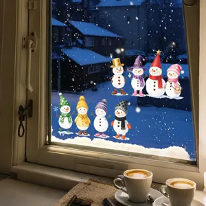 Cartoon Hand Painted Snowman Christmas Window Stickers Static Cling PVC Glass Decals For Holiday Home Balcony Decoration