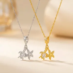 Collier Pendentif Tortue de Mer Étoile de Mer en Cuivre Style Océan pour Femmes Chaîne de Clavicule de Plage avec Strass Bijoux Cadeau