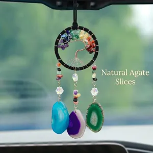 Natural Agate Tree Of Life Dream Catcher Car Pendant Crystal Healing Stones Hanging Ornament Auto Interior Decor Gift