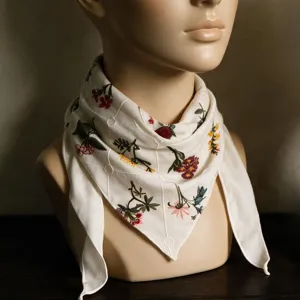 Women Floral Embroidered Cotton Grid Triangle Headscarf Sweet Versatile Neck Scarf Hair Accessory