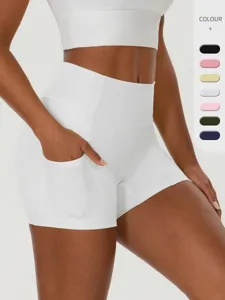 Women High Waist Yoga Shorts With Side Pockets Hip Lifting Tummy Control Gym Fitness Sports Tight Bottom Shorts