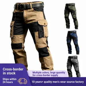 Men's Tactical Cargo Pants Patchwork Multi Pocket Cotton Outdoor Casual Straight Leg Streetwear Bottoms