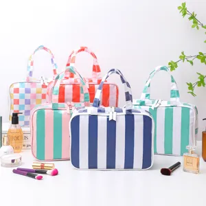 Waterproof PVC Striped Cosmetic Bag Large Capacity Portable Travel Toiletry Organizer Handbag Wash Bag