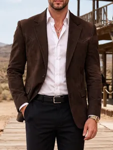 Veste Blazer en Daim Rétro pour Hommes Vintage Business Décontracté Coupe Ajustée Couleur Unie Col à Revers Haut Floqué