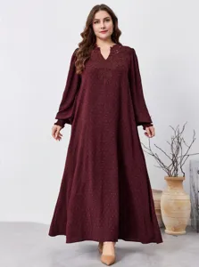 Robe Maxi Longue Casual Commuter pour Femmes Grande Taille Rouge Vin Jacquard Col V Broderie Dentelle Manches Longues