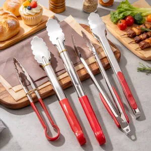 Stainless Steel Food Tongs Kitchen Barbecue Bread Tong With Red Handle Non Slip Kitchen Gadget Cooking Tool For BBQ Buffet