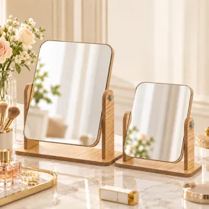 Minimalist Desktop Wooden Makeup Mirror Rotatable HD Surface Standing Cosmetic Mirror For Bedroom Dormitory Home Decor Vanity