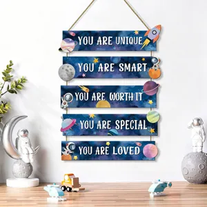 Inspirational Space Theme Wooden Hanging Wall Sign Outer Space Rocket Planet Quotes Wall Art Decor For Kids Nursery Bedroom Classroom