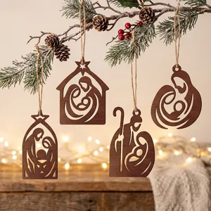 Wooden Christmas Hanging Ornaments Nativity Sacred Family Silhouette Wall Decor Christmas Tree Decorations Holiday Wood Crafts