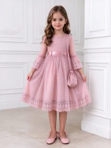 Elegant Flower Girl Tulle Dress For Kids Girls Wedding Party Princess Gown With Lace Bowknot Flare Sleeve Polyester Dress
