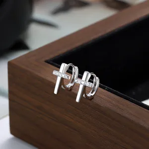 Pendientes de Aro con Cruz de Plata de Ley 925 para Mujer Moda Minimalista Circonia Incrustada Pendientes Huggie Joyería