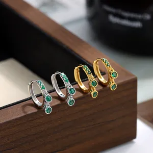 S925 Sterling Silver Emerald Green Zirconia Hoop Earrings For Women Micro-inlaid Round Gemstone Vintage Light Luxury Earrings Jewelry