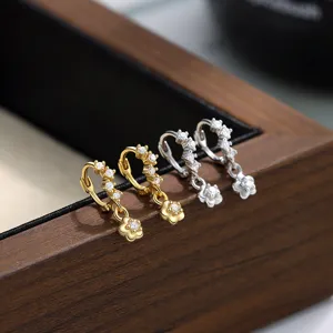 S925 Sterling Silver Flower Pendant Hoop Earrings Sweet Minimalist Rhinestone Ear Cuff Fashion Jewelry For Women Gift