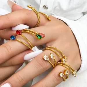 Stainless Steel Gold Plated Zirconia Open Ring For Women Niche Design Twisted Rope Water Drop Star Geometric Rings Jewelry