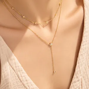Stainless Steel Zirconia Four-Leaf Flower Pendant Necklace For Women Gold Plated Minimalist Chic Y-Shape Drop Necklace Jewelry
