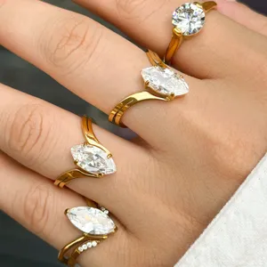 Luxury Marquise Zirconia Stainless Steel 18k Gold Plated Ring For Women Fashionable Minimalist Geometric Jewelry Gift