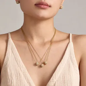 Minimalist Gold Plated Stainless Steel Full Drill Zirconia Sphere Jewelry Set For Women Including Necklace Earrings Open Ring