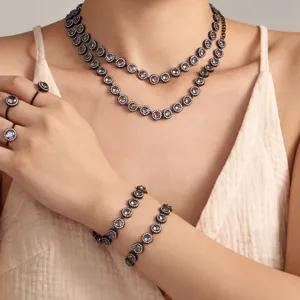 Vintage Black Stainless Steel Zirconia Jewelry Necklace Bracelet Ring Earrings For Women Retro Chic Style Party Accessory Jewelry
