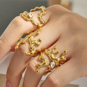 Irregular Stainless Steel Zirconia Ring For Women Geometric Lava Texture Open Adjustable Finger Ring Fashion Minimalist Jewelry