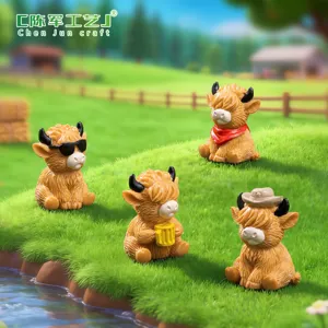 Miniature Resin Highland Cow Figurines With Sunglasses And Cowboy Hats Cartoon Animal Sculptures For Garden Micro Landscape Desktop Decor