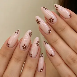 Elegante Lange Stiletto Künstliche Fingernägel Zum Aufkleben Nude Rosa Blumenmuster Glänzend Fake Nails Mit Gelee-Kleber Und Nagelfeile Für Damen Alltag Party