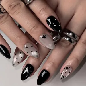 24Pcs Short Almond Shape Press On Nails With Star Polka Dot Bow Design Glossy Black White Manicure Tips For Women Daily Party Nail Art