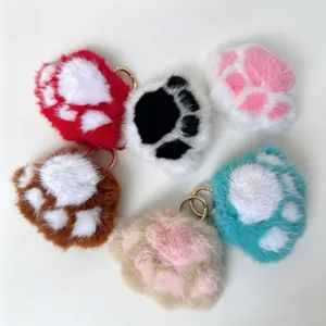 Cute Faux Mink Fur Plush Keychain Cat Paw Heart Star Shaped Bag Ornament Kawaii Keyring For Couple Women Girls Gift