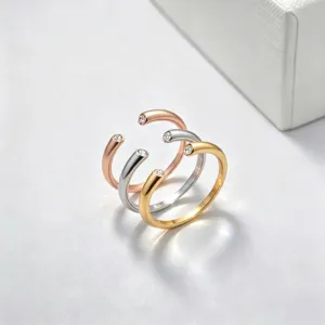 Minimalist Titanium Steel Open Ring For Women Double Rhinestone Adjustable Finger Ring Gold Rose Gold Silver Plated Fashion Jewelry Gift