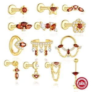 925 Sterling Silver Gold Plated Red Zircon Geometric Cartilage Stud Earrings Tassel Dangle Piercing Jewelry For Women
