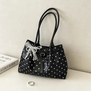 Borsa a Spalla con Design di Nicchia Coreano a Pois per Donna Borsa a Mano con Fiocco Plissettata in Pelle PU Versatile Borsa Sottobraccio con Perla