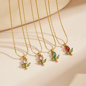 Titanstahl Tulpe Blume Anhänger Halskette Strass Floral Schlüsselbein Kette Vergoldet Süße Stil Schmuck Fußkettchen Für Damen