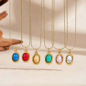 Vintage Minimalistisch Edelstahl Naturstein Anhänger Halskette Für Damen Raffiniert Retro Oval Geometrisch Schlüsselbein Kette Schmuck Geschenk