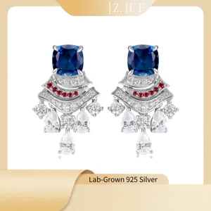 S925 Plata Zafiro Creado en Laboratorio Pendientes Retro Abanico Gema Colorida Flecos Lujo Largos Colgantes Para Mujeres