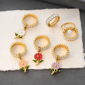 Original Design Titanstahl Tropföl Bunte Blume Ring Für Damen Leicht Luxus Exquisit Dopamin Vergoldet Strass Fingerring