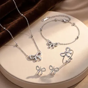 Titanstahl Schleife Halskette Für Damen Minimalistische Perlenkette Armband Ring Ohrringe Schmuck Nicht Verblassende Schmetterlings-Accessoires