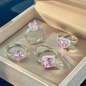 Koreanischer Stil Kupfer Rosa Strass Herz Schleife Offener Ring Für Damen Süßer Glänzender Minimalistischer Verstellbarer Ring Schmuck