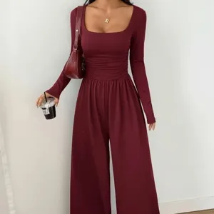 Combinaison à Manches Longues pour Femmes Col Carré Jambe Large Élégante Couleur Unie Froncée Amincissante Une Pièce