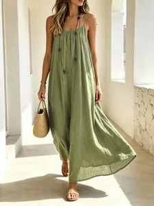 Robe Maxi pour Femme Couleur Unie Plissé Dos Nu Camisole Polyester Élasthanne Plage Vacances Décontractée Drapé Robe à Bretelles