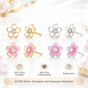 925 Sterling Silver Cherry Blossom Stud Earrings For Women Elegant Enamel Sakura Flower Earrings With Zirconia Zircon Jewelry Gift