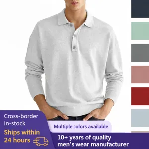 Men Casual Long Sleeve Polo Shirt Button V Neck Loose Fit Polyester Solid Color Autumn Spring Top