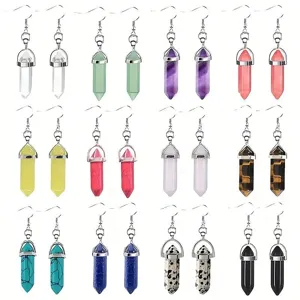 Boucles d'Oreilles Pendantes en Pierre Naturelle Pilier Hexagonal Cristal Bohème Améthyste Quartz Bijoux pour Femmes Filles