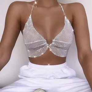 Women Sexy Halter Neck Rhinestone Mesh Crop Top Backless Sequin Metal Chain Camisole Ring Connected Polyester Rhinestone Party Top